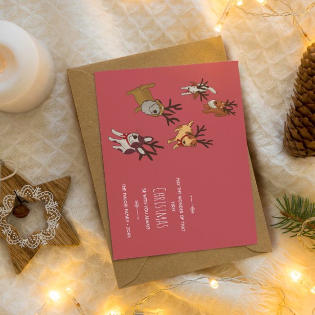 Cartão De Festividades Cute Puppy Reindeer Baby’s First Christmas (Criador carregado)