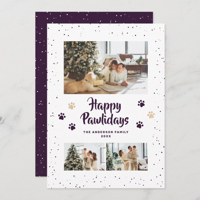 Cartão De Festividades Cute Purple Photo Happy Pawlidays Card (Frente/Verso)