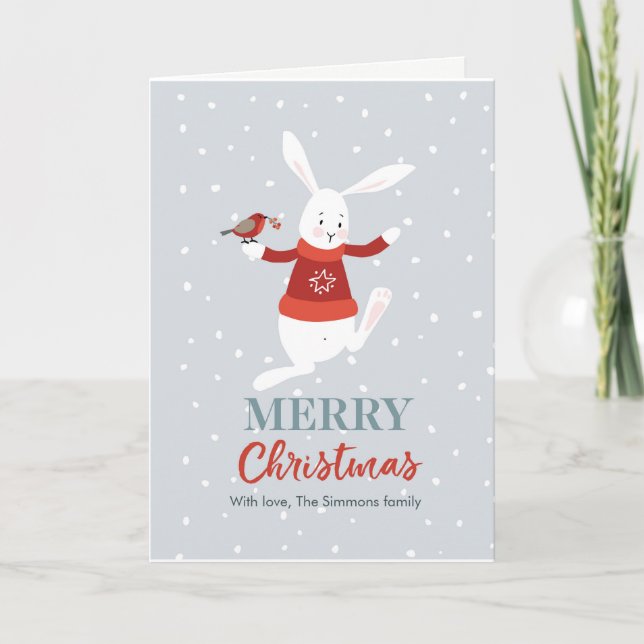 Cartão De Festividades Cute rabbit and bird friends Christmas Card (Frente)