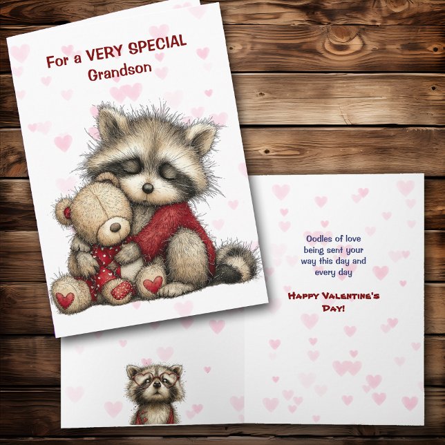 Cartão De Festividades Cute Raccoon and Teddy Bear Grandson Valentine (Criador carregado)