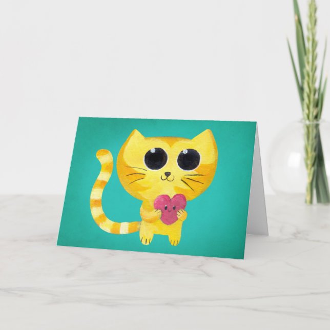 Cartão De Festividades Cute Romantic Cat with Smiling Heart (Frente)