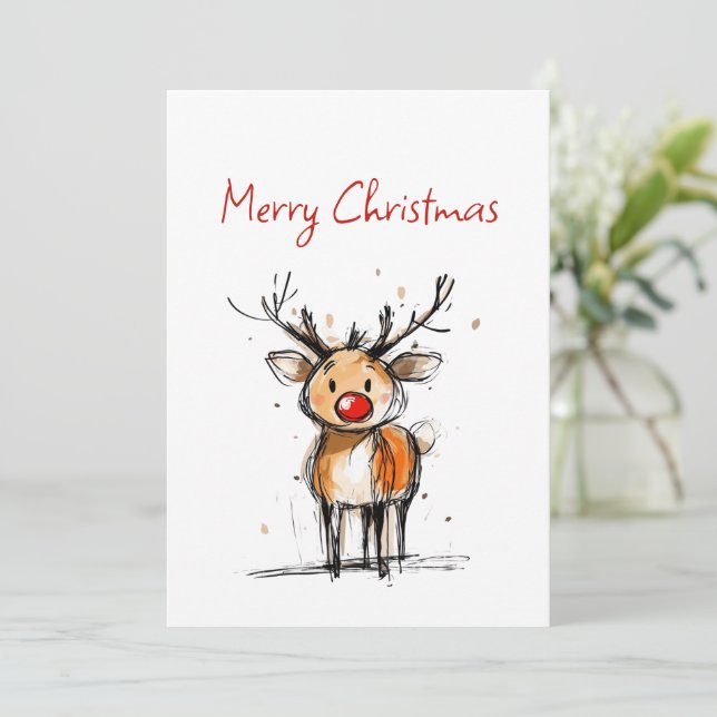 Cartão De Festividades Cute Rudolph Reindeer Sketch Merry Christmas (Em pé/Frente)