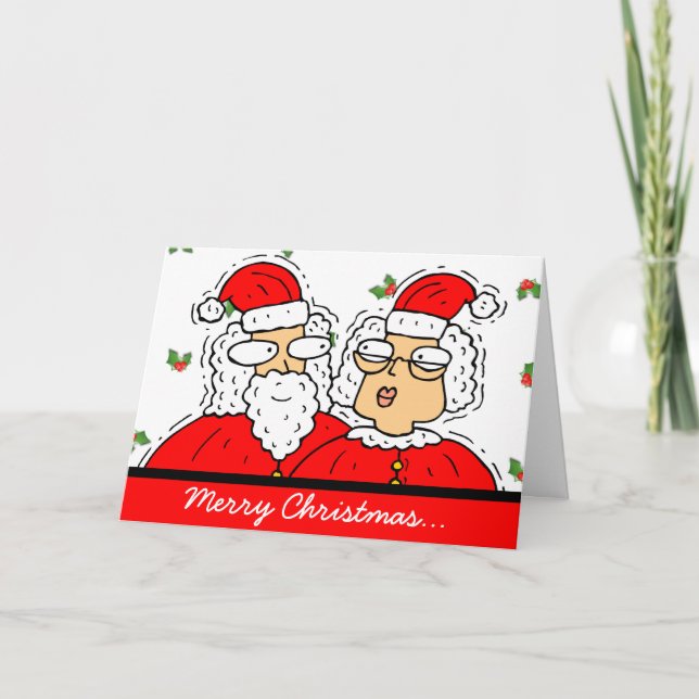 Cartão De Festividades Cute Santa and Mrs. Claus With Holly Christmas (Frente)