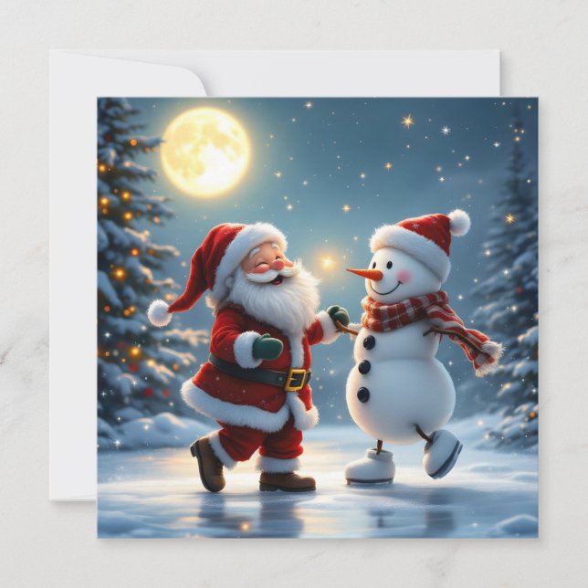 Cartão De Festividades Cute Santa and snowman dancing on ice in winter  (Frente)
