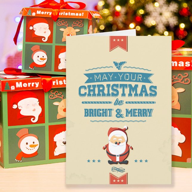 Cartão De Festividades Cute Santa Claus Ribbon Blue Typographic (Criador carregado)