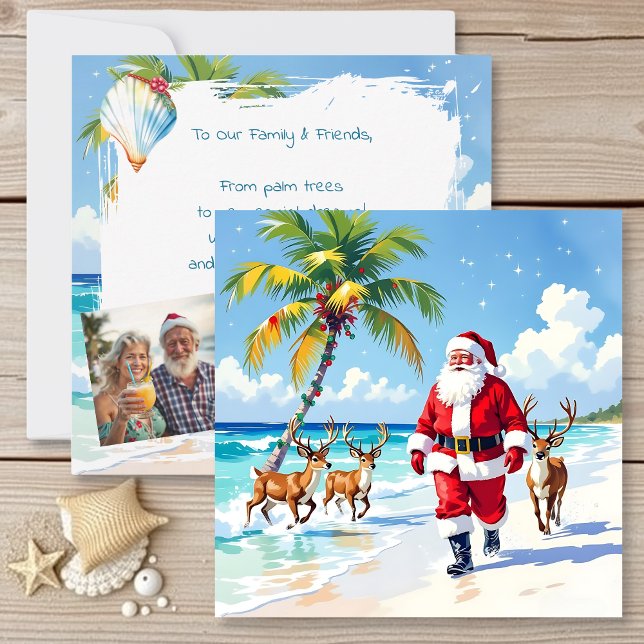 Cartão De Festividades Cute Santa on Beach and Photo Template Christmas (Criador carregado)