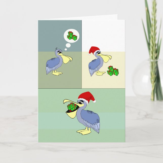 Cartão De Festividades Cute Santa Pelican Eats Gifts Christmas (Frente)
