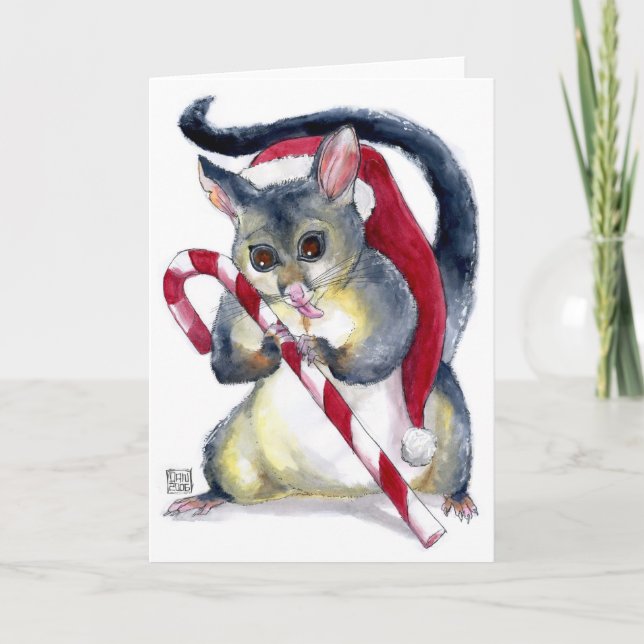 Cartão De Festividades Cute Santa Possum with Candy Cane Christmas Card (Frente)