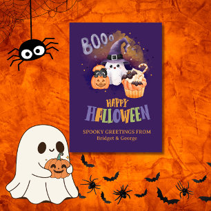 Cartão De Festividades Cute saudação de Halloween com Fantasma e Abóbora