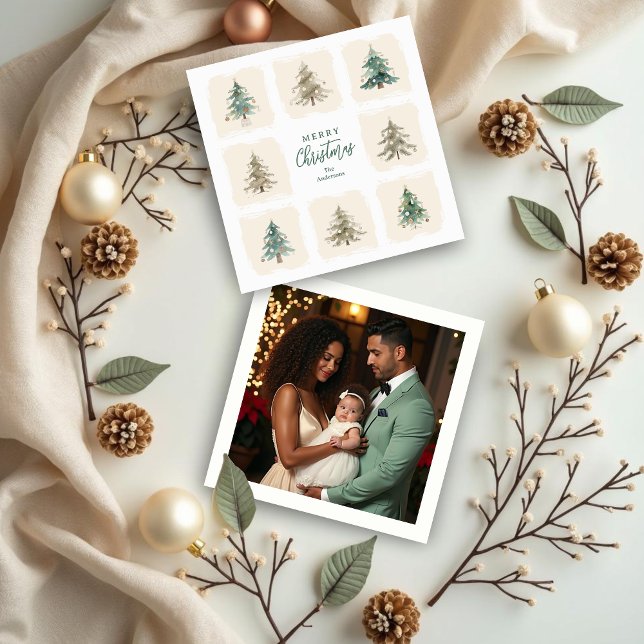 Cartão De Festividades Cute Scandinavian Nordic Style Christmas Trees (Cute Scandinavian Nordic Style Christmas Trees Holiday Cards with Custom Back Family Photo.)