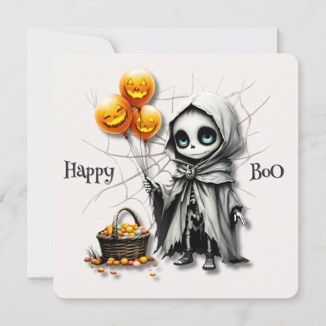 Cartão De Festividades Cute Skeleton Girl with Pumpkin Balloons  (Frente)