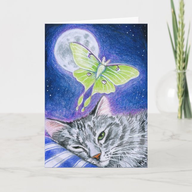 Cartão De Festividades Cute Sleeping Cat with Luna Moth (Frente)