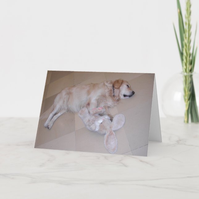 Cartão De Festividades Cute Sleeping Golden Retriever  With Toy Rabbit (Frente)