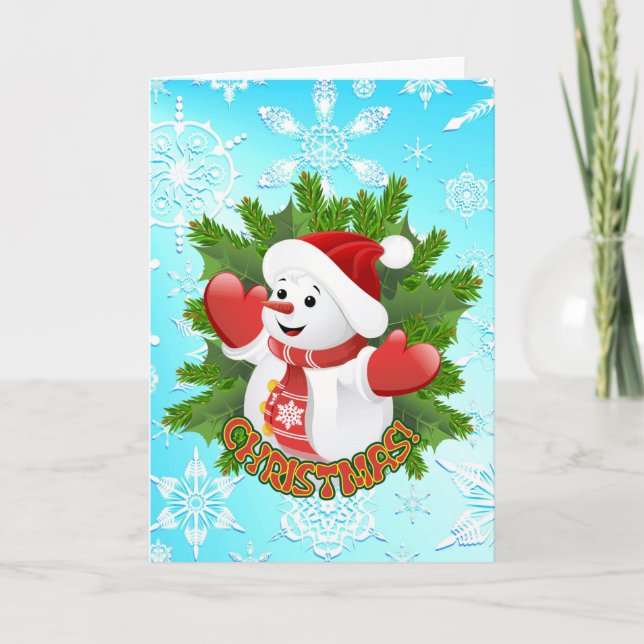 Cartão De Festividades Cute Snowman and Crystal Snowflakes Christmas Card (Frente)