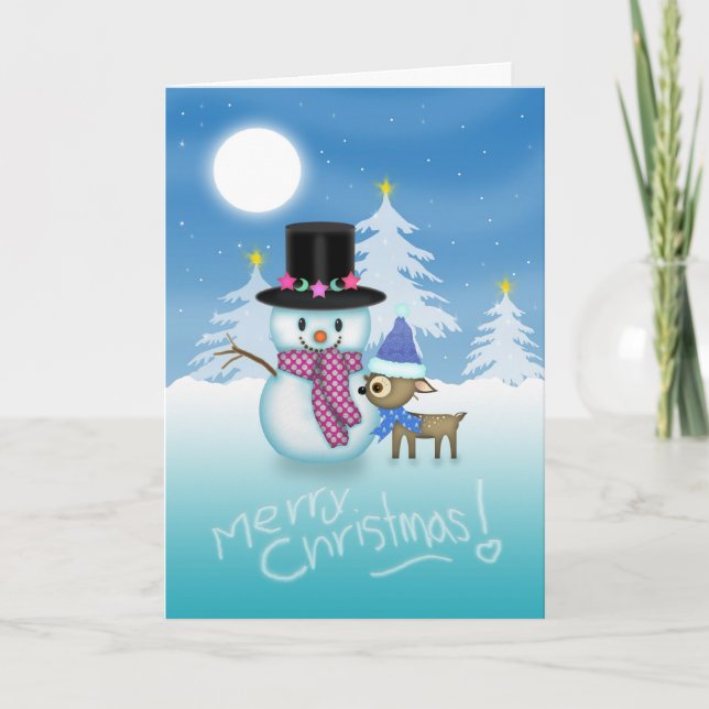 Cartão De Festividades Cute Snowman and Reindeer Christmas Card (Frente)