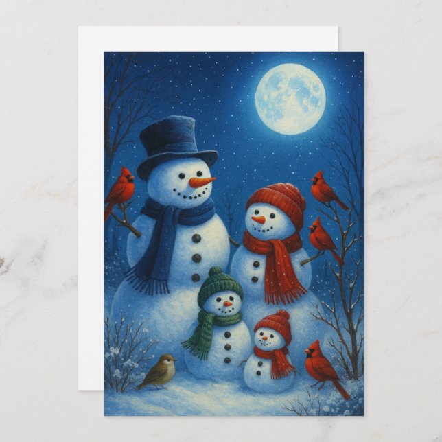 Cartão De Festividades Cute Snowman Family In Snowy Moonlit Night (Frente/Verso)