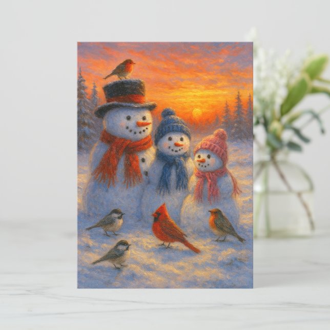 Cartão De Festividades Cute Snowman Family In Snowy Woodland Sunset (Em pé/Frente)