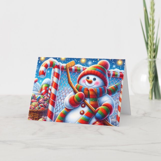 Cartão De Festividades Cute Snowman Hockey Goalie Christmas (Frente)