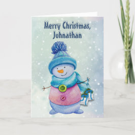 Cartão De Festividades Cute Snowman Holding Christmas Bells, Snowy
