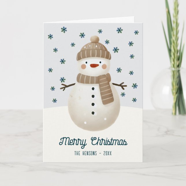 Cartão De Festividades Cute Snowman Snowflakes Drawing Christmas (Frente)