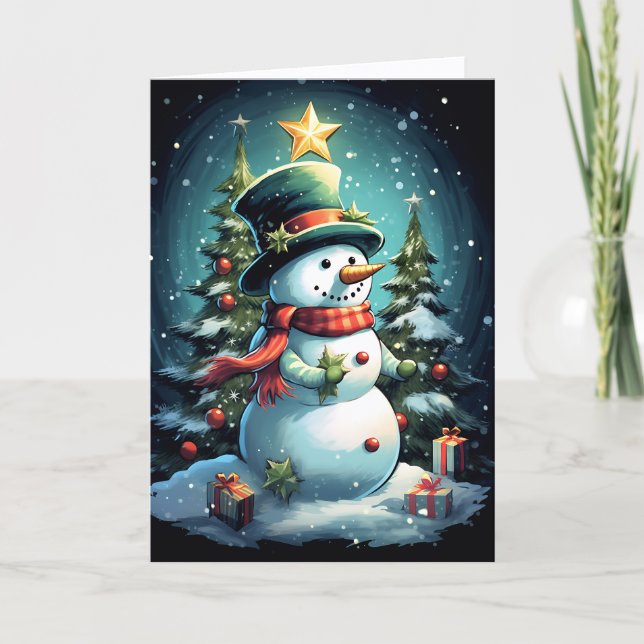 Cartão De Festividades Cute Snowman wearing Plaid Scarf and Top Hat (Frente)