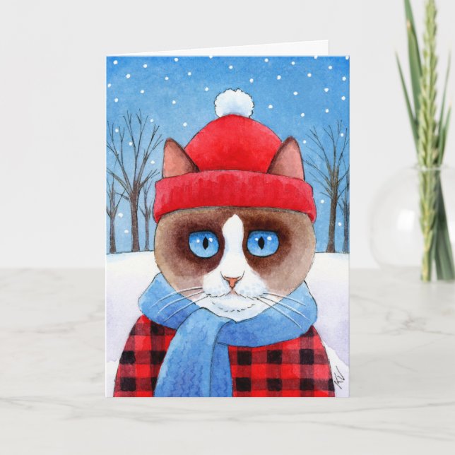 Cartão De Festividades Cute Snowshoe Lumberjack Cat Christmas winter card (Frente)
