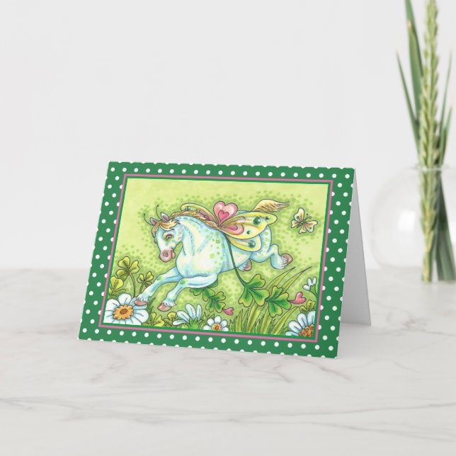 CARTÃO DE FESTIVIDADES CUTE ST. PATRICK'S DAY FLYING IRISH PONY, FAIRY (Frente)