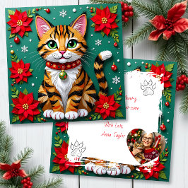 Cartão De Festividades Cute Tabby Cat with Poinsettias Custom Christmas