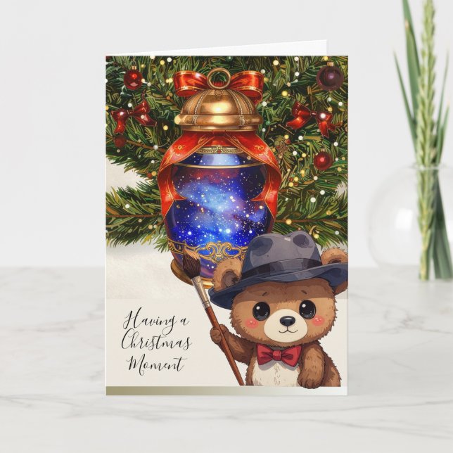 Cartão De Festividades Cute Teddy Bear Painting A Christmas Tree Lantern (Frente)