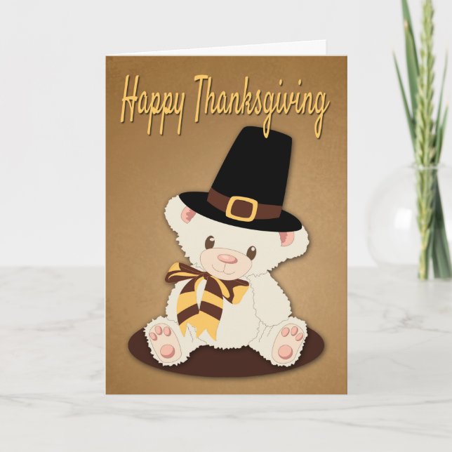 Cartão De Festividades Cute Teddy Bear with Pilgrim Hat for Thanksgiving (Frente)