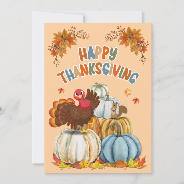 Cartão De Festividades Cute Turkey and Retro Pumpkins Happy Thanksgiving (Frente)