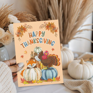 Cartão De Festividades Cute Turkey and Retro Pumpkins Happy Thanksgiving