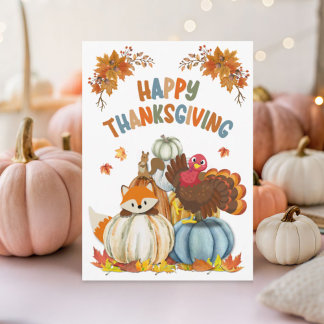 Cartão De Festividades Cute Turkey and Retro Pumpkins Happy Thanksgiving