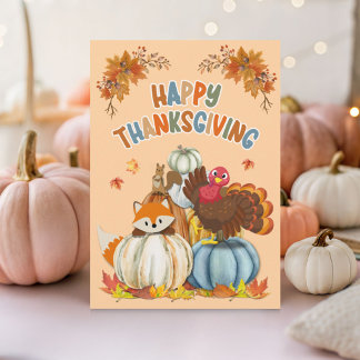 Cartão De Festividades Cute Turkey and Retro Pumpkins Happy Thanksgiving