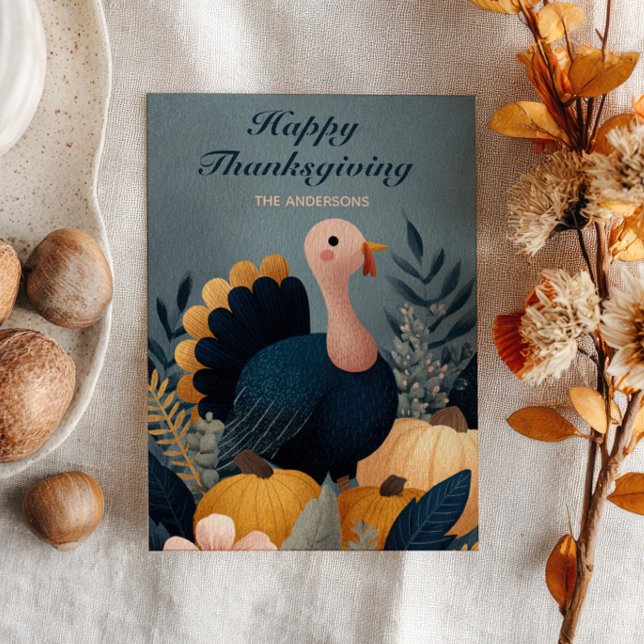 Cartão De Festividades Cute Turkey& Autumn Foliage Happy Thanksgiving  (Criador carregado)