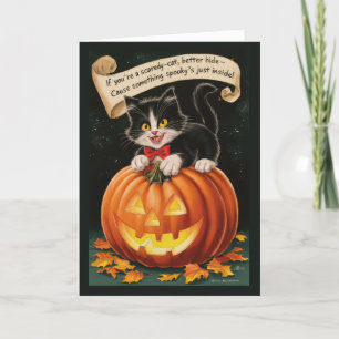 Cartão De Festividades Cute Vintage Gato Medroso e Abóbora Halloween