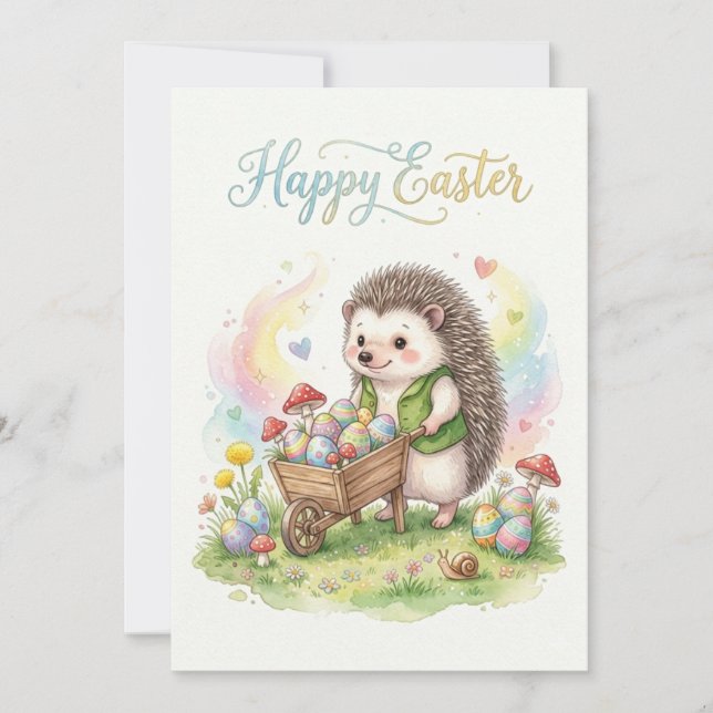 Cartão De Festividades Cute Watercolor Hedgehog Easter (Frente)