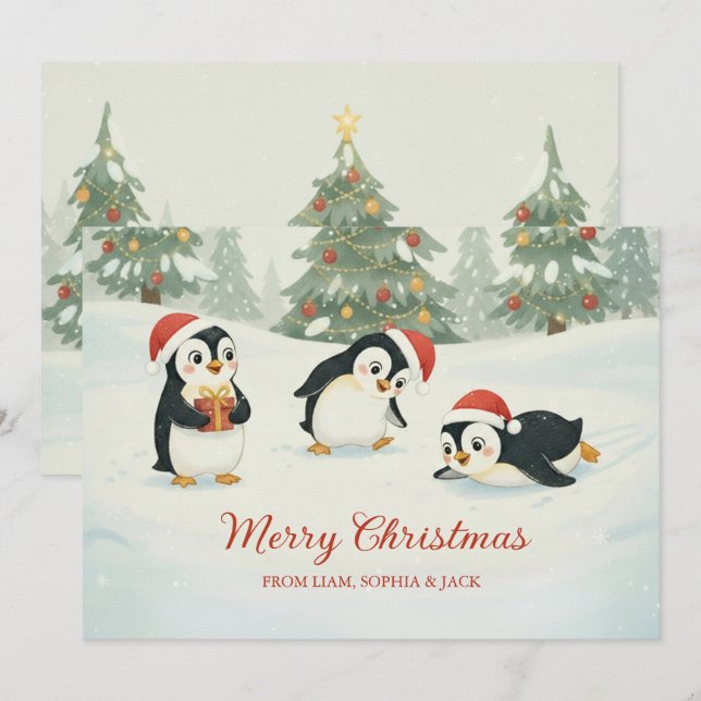 Cartão De Festividades Cute Watercolor Penguins Christmas Forest (Frente/Verso)