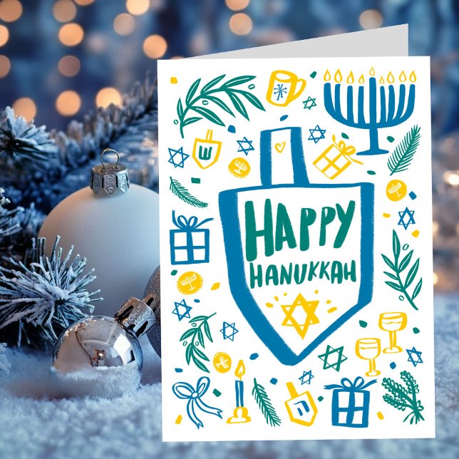 Cartão De Festividades Cute Whimsic Dreidel Menorah CUSTOM HANUKKAH (Whimsical Cute Dreidel Menorah CUSTOM HANUKKAH Holiday Card
)