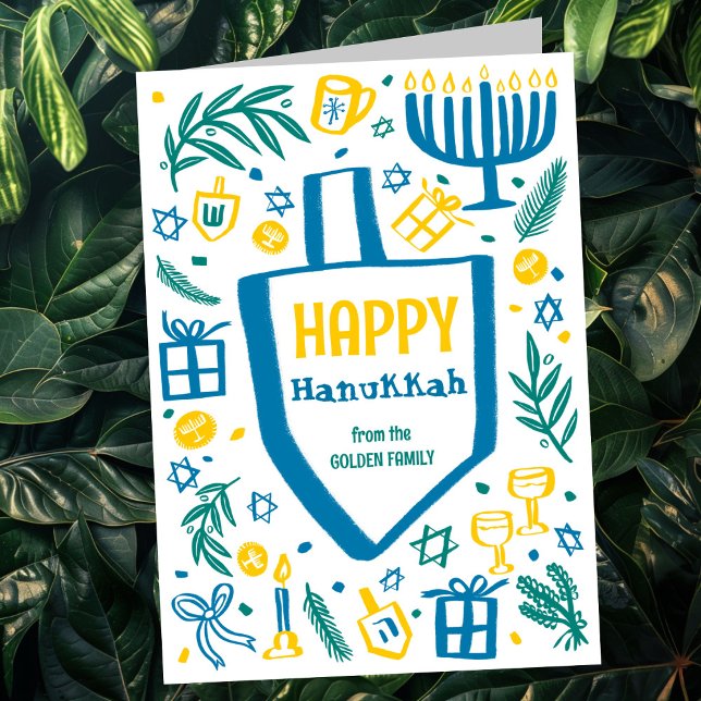 Cartão De Festividades Cute Whimsic Dreidel Menorah CUSTOM HANUKKAH (Whimsical Cute Dreidel Menorah CUSTOM HANUKKAH Holiday Card
)