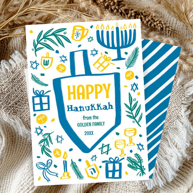Cartão De Festividades Cute Whimsic Dreidel Menorah CUSTOM HANUKKAH (Whimsical Cute Dreidel Menorah CUSTOM HANUKKAH Holiday Card
)