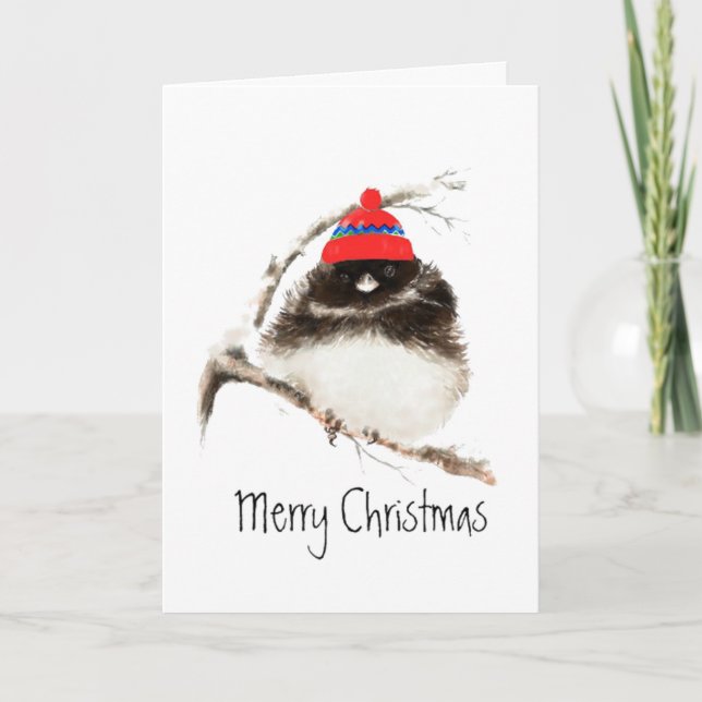 Cartão De Festividades Cute Winter Bird in Hat, Christmas, Humor, Junco (Frente)