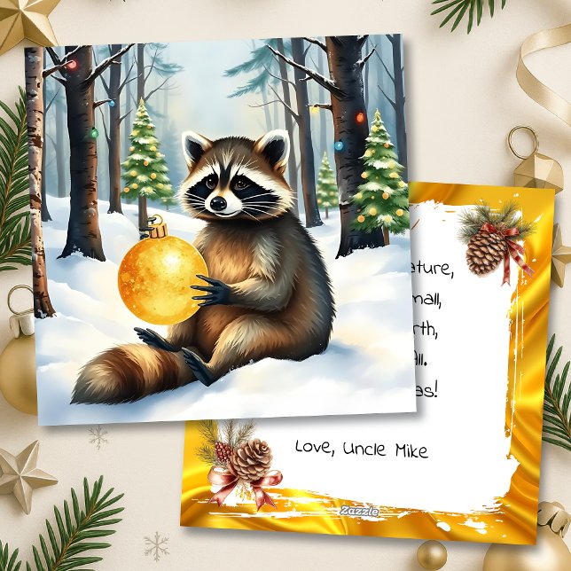 Cartão De Festividades Cute Winter Raccoon with Gold Ornament Christmas (Criador carregado)