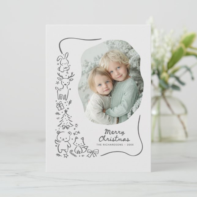 Cartão De Festividades Cute Winter Woodland Christmas Greeting Photo Card (Em pé/Frente)