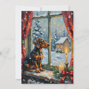 Cartão De Festividades Dachshund Antigo junto à Janela de Natal Aconchega
