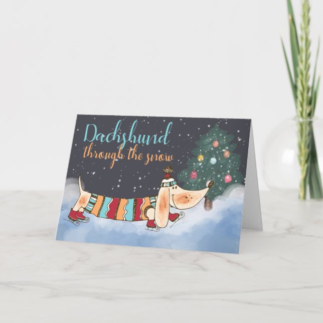 Cartão De Festividades Dachshund Através da Neve (Frente)