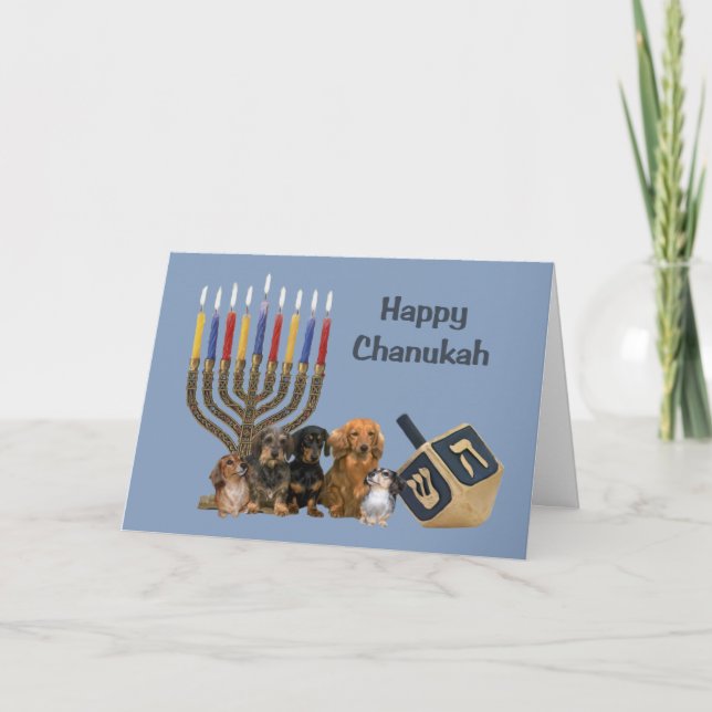 Cartão De Festividades Dachshund Chanukah Card Menorah Dreidel4 (Frente)