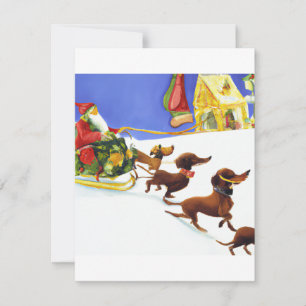 Cartão De Festividades Dachshund Festivo e Papai Noel Puxando Aquarela Ch