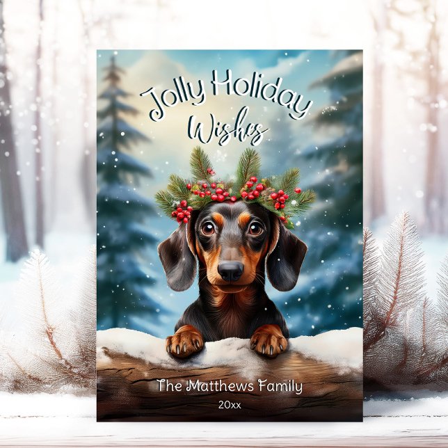 Cartão De Festividades Dachshund no Retrato Pet de Floresta Encantada em  (Adorable Winter Snowy Scene With Peeking Dogs or Farm/Woodland Animals - Over 50 to Choose From!)