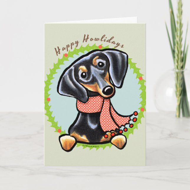 Cartão De Festividades Dachshund Preto e Bege Liso Feliz ComoLidays (Frente)